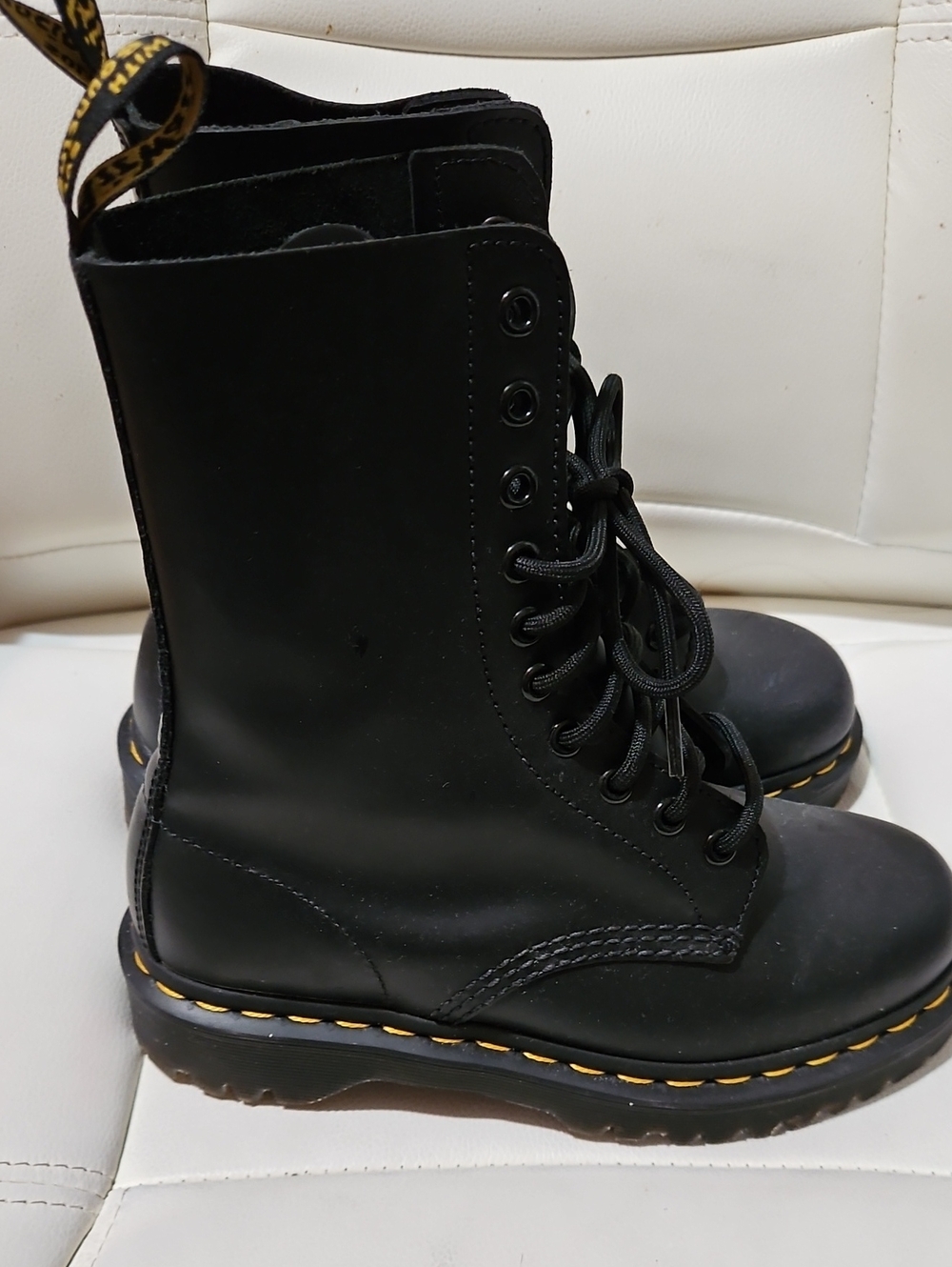 Dr. Martens Black Lace-Up 8-Eye Combat Boots with Yellow Stitching